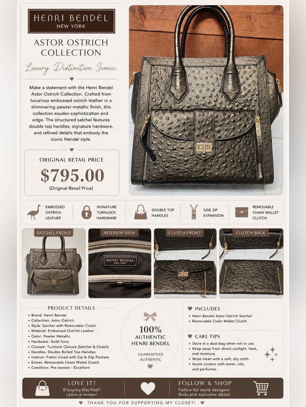 Henri Bendel ostrich Rivington Convertible Tote